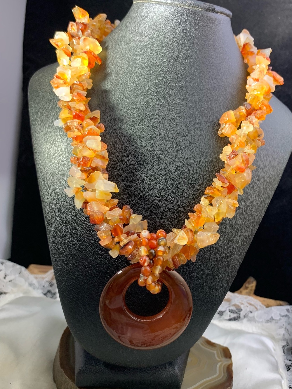 Multi strand natural Carnelian Chip Necklace with Large Donut Pendant